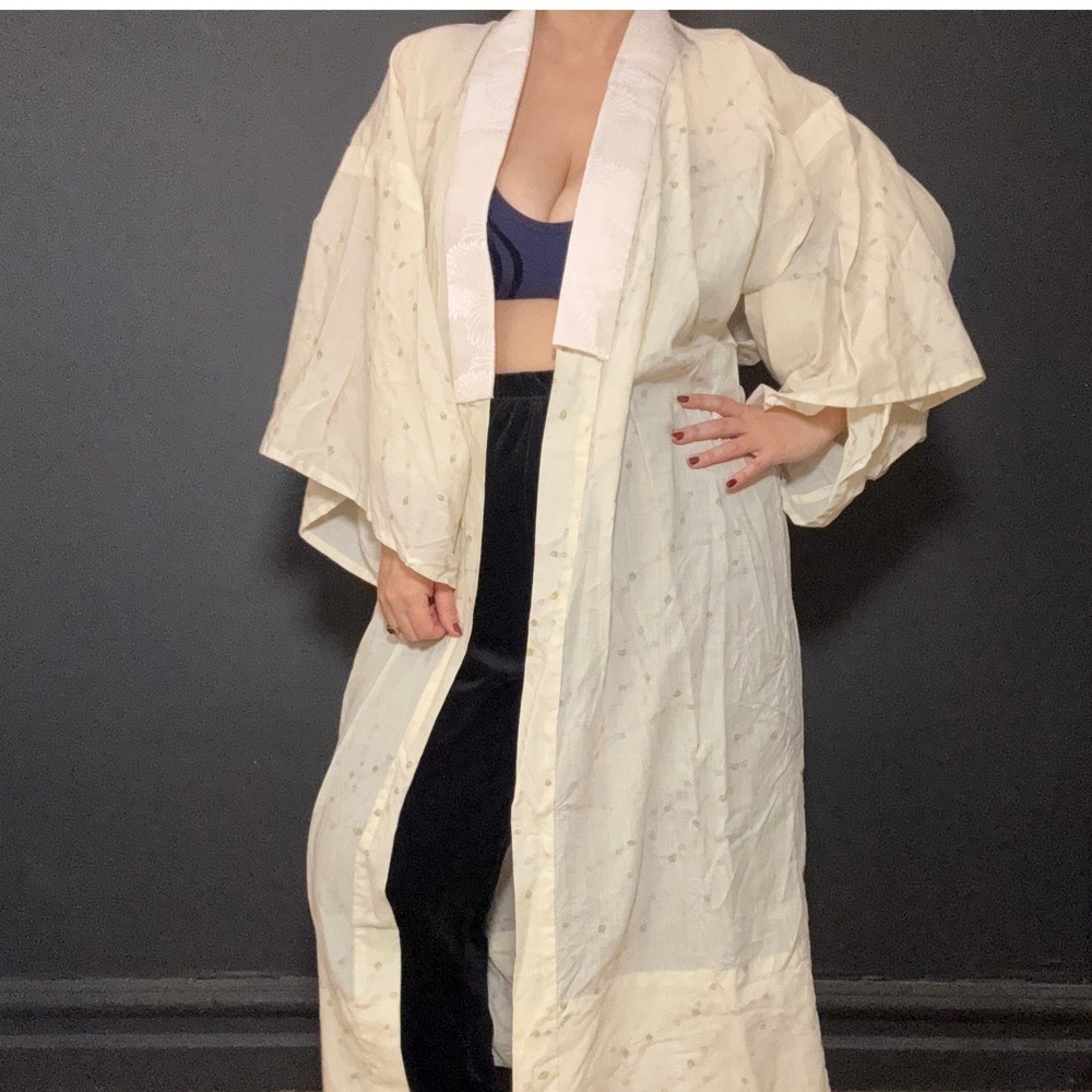 Vtg Japanese Cotton Kimono Robe Cream Floral Sakura Cherry Blossom Loungewear - Picture 3 of 8
